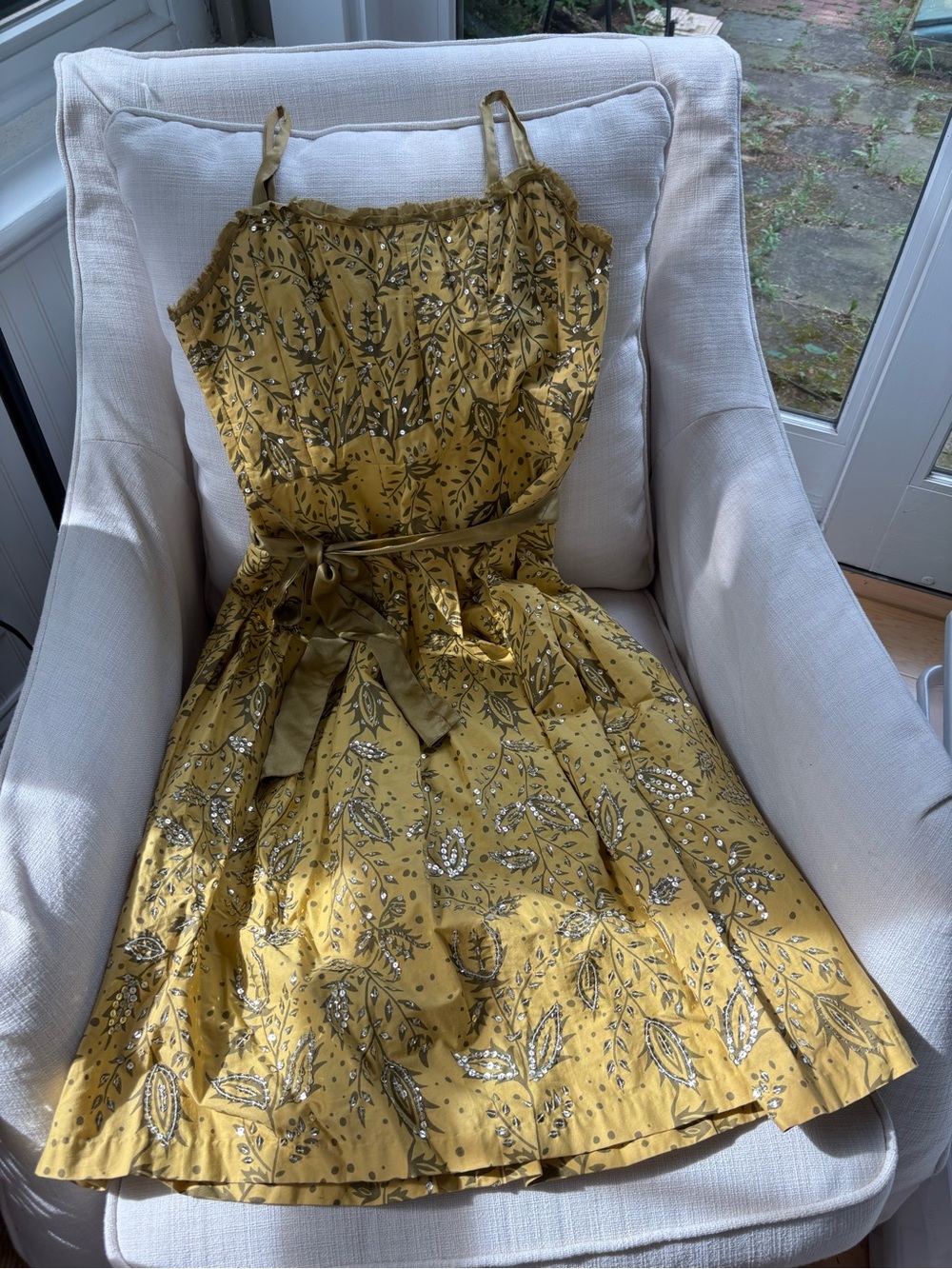 Yoana Baraschi Mustard Floral Midi Dress with Olive Waist Sash Anthropology